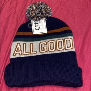 5B All Good Navy Blue & Orange Pom Pom Striped Knit Beanie